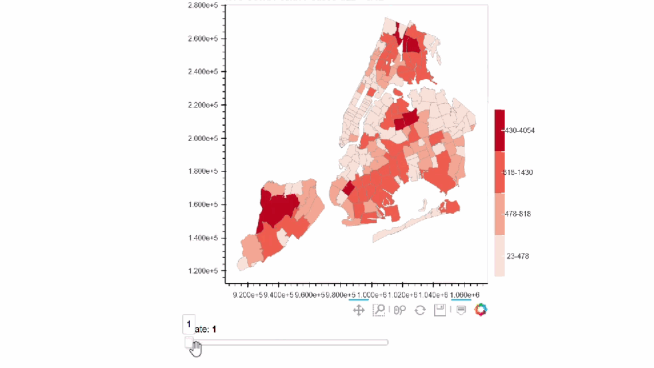 animated gif showing increase of COVID cases by zip code in new york city